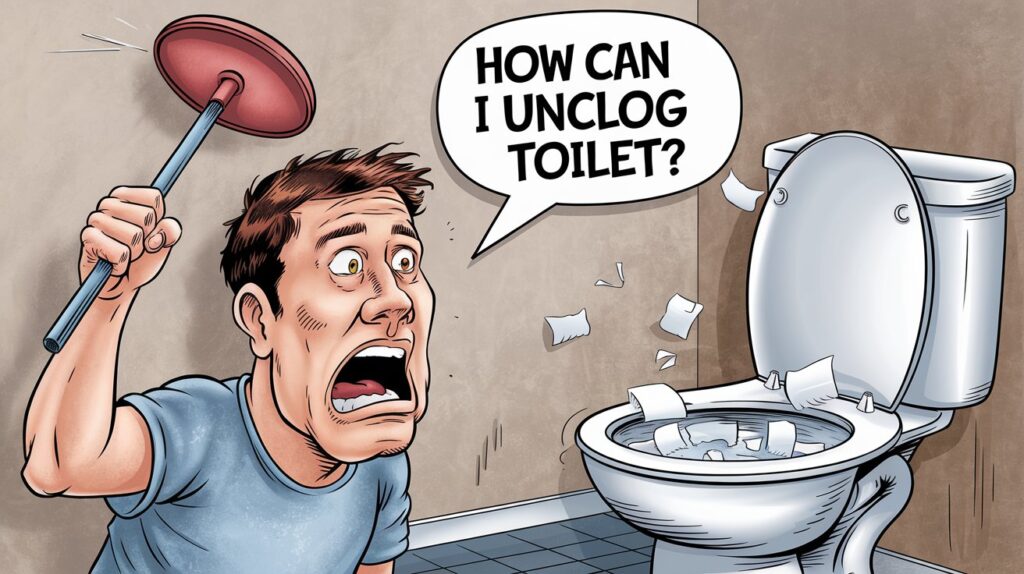 Angry Man Trying to Unclog a Toilet.